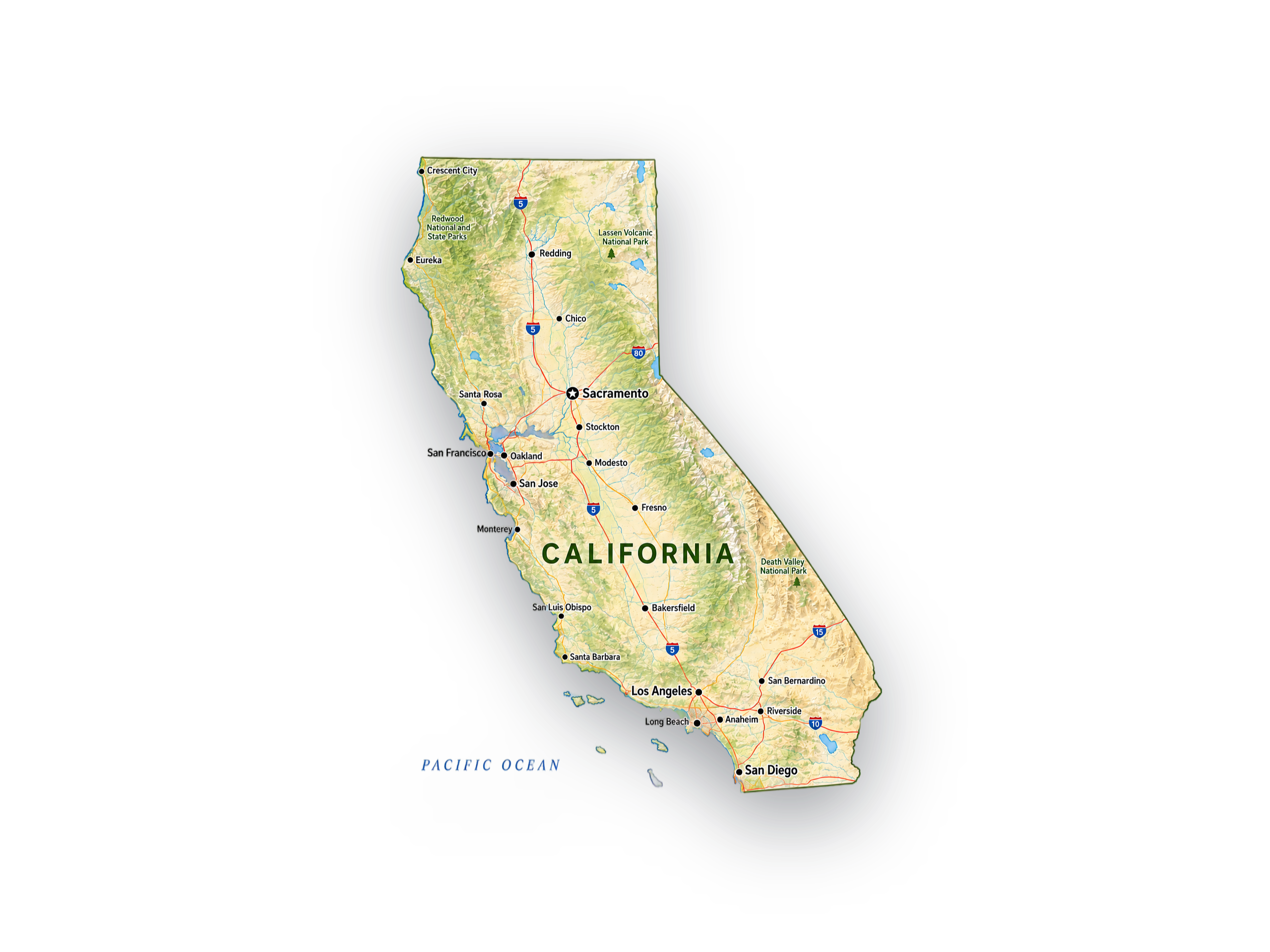 Map of California showing major cities, highways, and landmarks